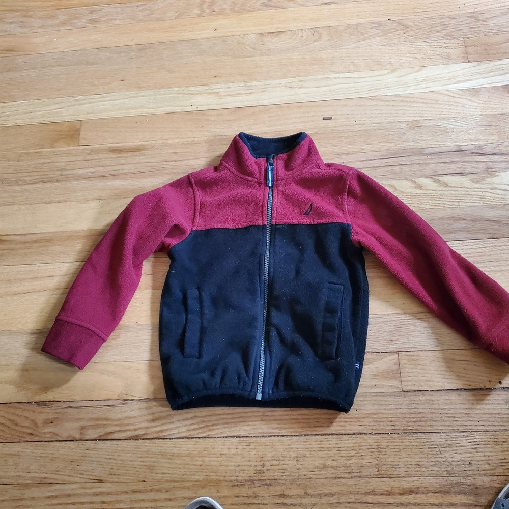 Nautica Boys Red Navy Blue Colorblock Fleece Full Zip Jacket Size 4 S/P/CH